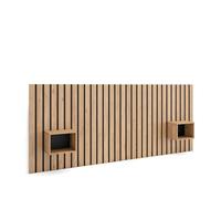 Cabecero con mesitas, listones decorativos, 258x107x3cm, cama de 150,160,180cm, con almacenamiento, estilo moderno, roble