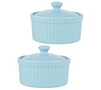 Cabilock 2 Piezas Cuenco para Hornear Budín de Cerámica 125ml Tapa Azul | Reutilizable, Acabado Liso y Pulido, Diseño Antideslizante, Adecuado para Mousse, Pastel y Ramequines