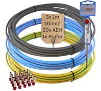 Cable de cableado de 10 mm², flexible para espacio contador, cable de tierra y puentes de cableado, 3 x 1 m, incluye 20 casquillos y comprobador de corriente