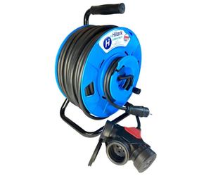 Cable de extensión de goma H05RR-F de 3 x 2,5 mm² montado en un carrete de cable invertido con distribuidor de 3 salidas, longitud 50 metros