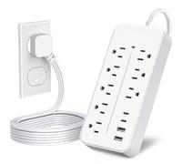 Cable de extensión para interiores de 5 pies, barra de alimentación con protector contra sobretensiones con 8 tomacorrientes y 4 puertos USB, cable de extensión de enchufe plano con múltiples tomas