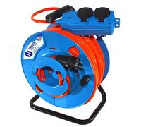 Cable de extensión PUR, H07BQ-F, 3 x 2,5 mm², enrollado en un carrete, con conector y regleta múltiple azul, 25 metros