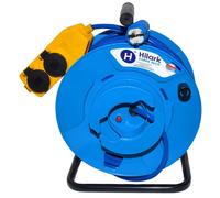 Cable de extensión PUR, modelo H07BQ-F, 3x2,5 mm², enrollado en un carrete, con conector azul y distribuidor múltiple amarillo, longitud: 45 metros