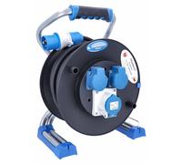Cable enrollable para camping as-Schwabe, modelo CEE, con 25 metros de cable, enchufe Schuko para uso exterior, y protección IP44