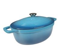 Cacerola de hierro fundido esmaltado VeoHome azul de 6L ovalada de servicio pesado, olla con tapa compatible con inducción/gas/horno, cocina homogénea, sabores auténticos, tapa con relieve