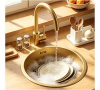 Cact Fregadero de cocina empotrable de acero de 40 x 40 cm, redondo, cepillado, diseño fácil de instalar, incluye filtro de drenaje, perfecto para cocinas modernas.