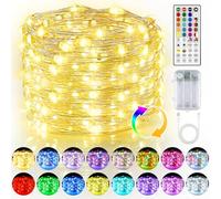 Cadena de luces LED multicolor, para exteriores, batería y USB, 16 colores, 132 modos, para habitaciones con mando a distancia, 5 m, 50 luces LED, regulables, funciona con pilas, jardín, fiesta