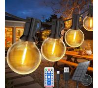 Cadena de luces solares de 15 m para exteriores con 25 + 1 bombillas LED G40, cadena de luces para exteriores, resistente a la intemperie con USB / método de carga solar, 8 modos, IP65