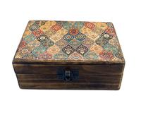 Caja de almacenamiento de cerámica esmaltada y madera de mango, diseño tradicional indio, medidas 15x10x6 cm, ideal para joyas, oficina o recuerdos, peso 290 g