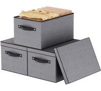 Caja de almacenamiento plegable de tela con tapa y asa de transporte – Gris, 33 x 23 x 18 cm, exterior de lino, forro interior de tela no tejida, ideal para ropa y libros