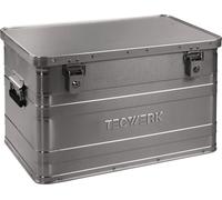 Caja de aluminio de 595 mm de largo x 390 mm de ancho x 380 mm de alto, con capacidad de 70 litros, que incluye tapa abatible y cerradura de cilindro