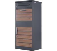 Caja de buzón Zelsius para envíos, color antracita RAL7016, con elementos de apariencia madera en color marrón oscuro, y sistema antirrobo