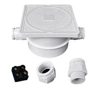 Caja de conexión de equipo de piscina para cableado de piscina y spa, carcasa de tapa cuadrada con cámara inferior redonda, puertos de entrada laterales y referencia de tamaño, caja de conexiones de