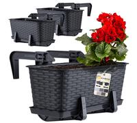 KADAX Macetas de Plástico Imitación Ratán, Maceteros Rectangulares con Platillos y Soportes para Exterior, Jardineras Colgantes (3: Antracita, 40 cm)