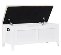 Caja de madera con asiento tapizado, 100 cm de ancho. Incluye estantes y espacio de almacenamiento. Color blanco, con asiento a juego