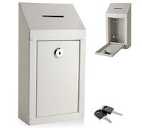 Caja de seguridad de metal para donación y recolección, con ranura superior para monedas y cerradura, fácil montaje en pared o mostrador (blanco roto)