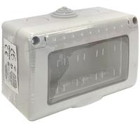 Caja de superficie con tapa de 4 módulos, diseño compacto, resistente, ideal para instalaciones eléctricas y organización de cableado.