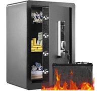 Caja fuerte electrónica Premium-Tresor. Se abre con contraseña, llave y sensor de huella dactilar. Incluye una billetera resistente al fuego. Dimensiones: 40 cm de largo x 33 cm de ancho x 60 cm de al