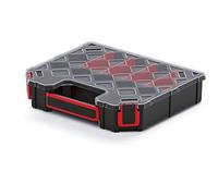 Caja organizadora con divisores funcionales, mango ergonómico, tapa transparente, 284 x 243 x 60 mm