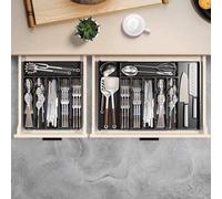 Caja organizadora de cubiertos ajustable para cajones de cocina, fabricada en polipropileno resistente, extensible de 32 a 54,1 cm × de 34,3 a 49,3 cm, con capacidad para 6-9 compartimentos, diseño br