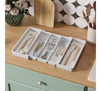 Caja organizadora de cubiertos extensible Unyqoos® – Organizador de plástico blanco, con compartimentos ajustables, extensible hasta 57 cm, profundidad de 38 cm, ideal para cajones