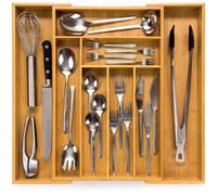 Caja organizadora para cubiertos de bambú extensible, con 47 cm de profundidad, ideal para cajones de cocina