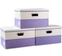 Caja organizadora plegable con tapa, paquete de 3 unidades, de tela. Caja, organizador, cesta, cubo con cubierta para el hogar, en color violeta y crema, de 38 x 25 x 25 cm