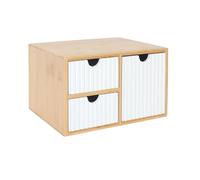 Caja organizadora Relaxdays de bambú/MDF, 3 cajones estriados, 15x25x20 cm, Organizador de Escritorio, Blanco/Natural