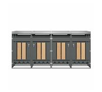 Caja para basuras con compartimentos de almacenamiento - con agujeros de ventilación en forma de rombo, 4 puertas, área para plantas, paneles de puertas con vetas de madera verticales - gris, madera