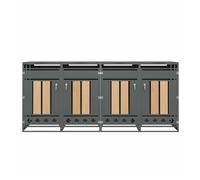 Caja para basuras con tapa abatible - compartimentos de almacenamiento para basura, cerradura, cuatro puertas, panel de puerta con vetas de madera vertical, base hueca en forma de rombo - gris, madera