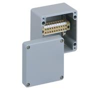 Caja para bornes de conexión SPELS, serie Alu, modelo ALR1010-4, dimensiones 100x100x80 mm, bloque de 10 bornes de 4 contactos cada uno
