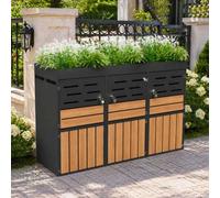 Caja para contenedores de basura AIORBER para 3 contenedores, con jardineras integradas, armario de almacenamiento para jardín fabricado en acero galvanizado, con cerradura, ventilación con listones,