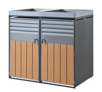 Caja para contenedores de basura con cerradura, macetero integrado, ventilación de lamas y dos puertas separadas, 132x80x124,5 cm, Gris+Color natural