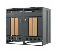 Caja para contenedores de basura con tapa abatible - compartimentos de almacenamiento para basura, cerradura, dos puertas, panel de puerta con vetas verticales de madera, zócalo hueco en forma de romb