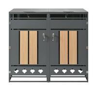 Caja para contenedores de basura con tapa abatible hidráulica, puertas con cerradura y dos compartimentos, 132x80x118,5 cm, Gris+Color natural