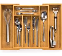 Caja para cubiertos Budu, modelo #33,5, de bambú. Extensible. Sistema de organización para cajones de cocina. Bandeja para cubiertos de bambú para cajones