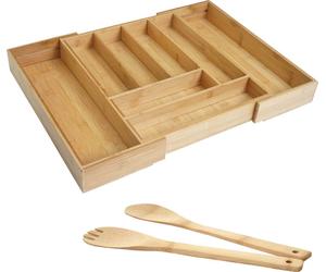 Caja para cubiertos + utensilio para ensalada HWC-B20, organizador para cajón, vajilla, utensilios para servir, accesorios de cocina, bambú