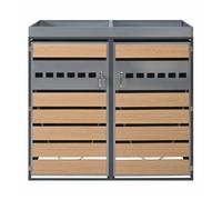 Caja para cubos de basura - con compartimentos de almacenamiento - cerradura, dos puertas, superficie para plantas, con ventilación - gris, madera