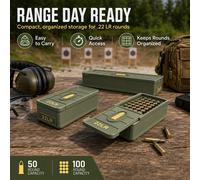 Caja para munición .22 LR, con capacidad para 50/100 cartuchos; hecha de plástico resistente, portátil y a prueba de derrames. 50-round pack