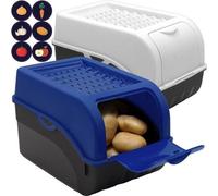Caja para patatas Famanu, de color azul oscuro y blanco, juego de 2 unidades. Caja para verduras con tapa, ideal para aproximadamente 4 kg de patatas, más 6 pegatinas con nombres de verduras