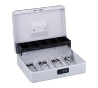 Caja registradora Relaxdays, con combinación numérica de 3 dígitos, ranura para monedas y 4 compartimentos para billetes, con cerradura, caja registradora de metal, color blanco