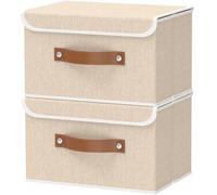 Cajas de almacenamiento modulares Unyqoos® con tapa de tela y asa, plegables y apilables, fabricadas en cartón resistente, con soporte de base desmontable. Dimensiones: 32x32x16 / 33x23x20 / 38x25x25