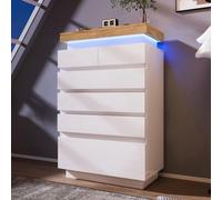 Cajonera blanca moderna con 6 cajones e iluminación LED integrada, ideal para el dormitorio y el salón