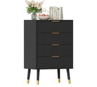 Cajonera con 4 cajones espaciosos, color negro, fabricada en madera resistente y metal. Incluye patas y tiradores dorados. Ideal para el dormitorio