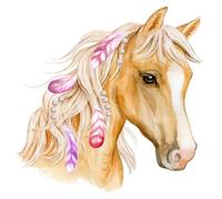 Calcomanía de pared con la forma de una cabeza de caballo y plumas, ideal para decorar habitaciones infantiles, disponible en 5 tamaños