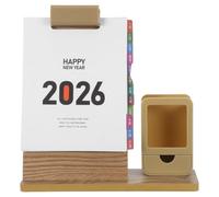 Calendario de Escritorio de Madera con Portalápices, Rotatorio | Madera Maciza con Veta Natural, Compartimento para Bolígrafos y Marcadores, Estilo Retro para Estudio y Oficina