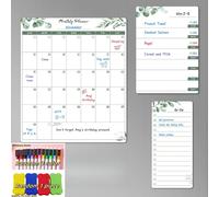 Calendario magnético para nevera de borrado en seco, 3 piezas, calendario de pizarra blanca con diseño de vegetación, borrado en seco para refrigerador - Juego de calendarios verticales mensuales y
