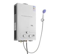 Calentador de agua de 32 kW LPG, capacidad de 16 l, agua caliente instantánea con cabezal de ducha y manguera, calentador de agua de gas portátil para camping, caravana y jardín, alta eficiencia (≥