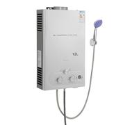 Calentador de agua instantáneo GLP de 24 kW, 12 litros de agua caliente instantánea con cabezal de ducha y manguera, calentador de agua de gas portátil para camping, caravana y jardín, alta eficiencia
