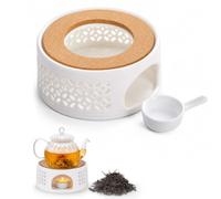 Calentador de té de cerámica estilo Fuyin, incluye cuchara de cerámica maciza, calentador de velas, incluye cuchara para servir, diseño chino clásico, adecuado para gastronomía y hogar